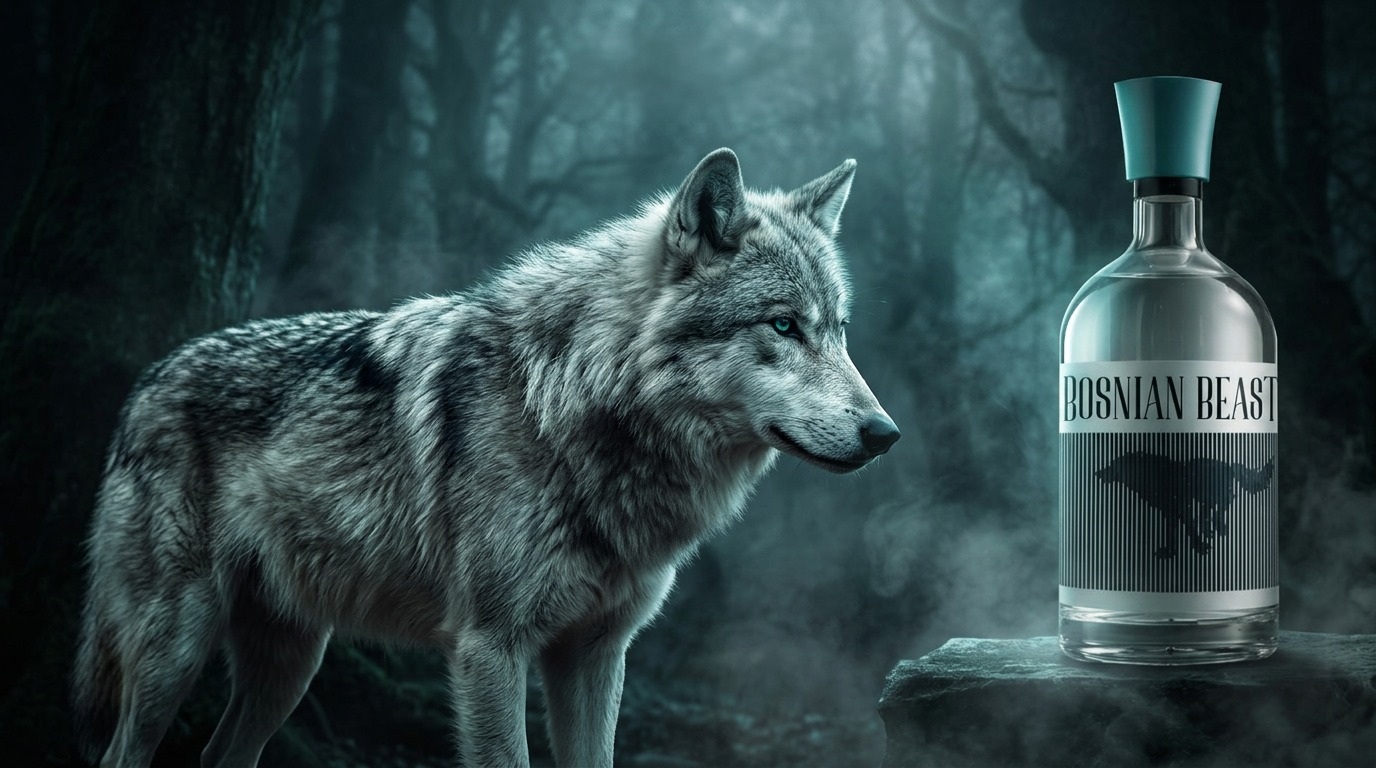 The Bosnian Beast, grey wolf beside the bottle in a misty forest