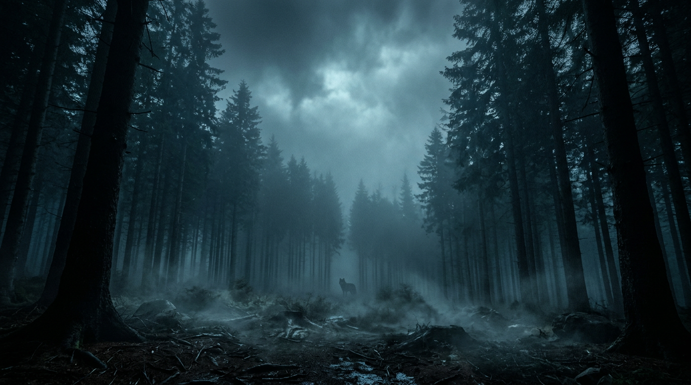 A lone wolf in a misty pine forest